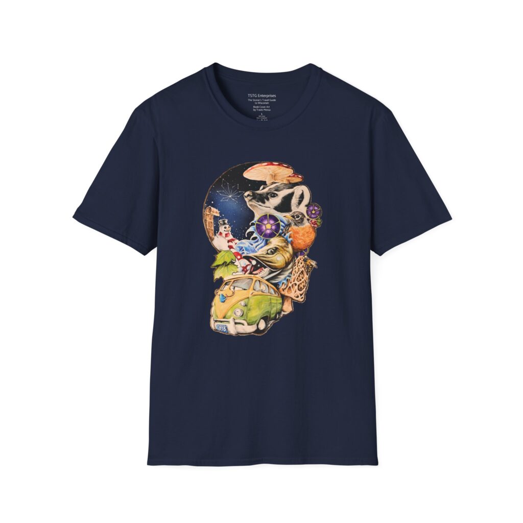 wisconsin road trip tee, the stoner's travel guide graphic t shirt art by travis messa