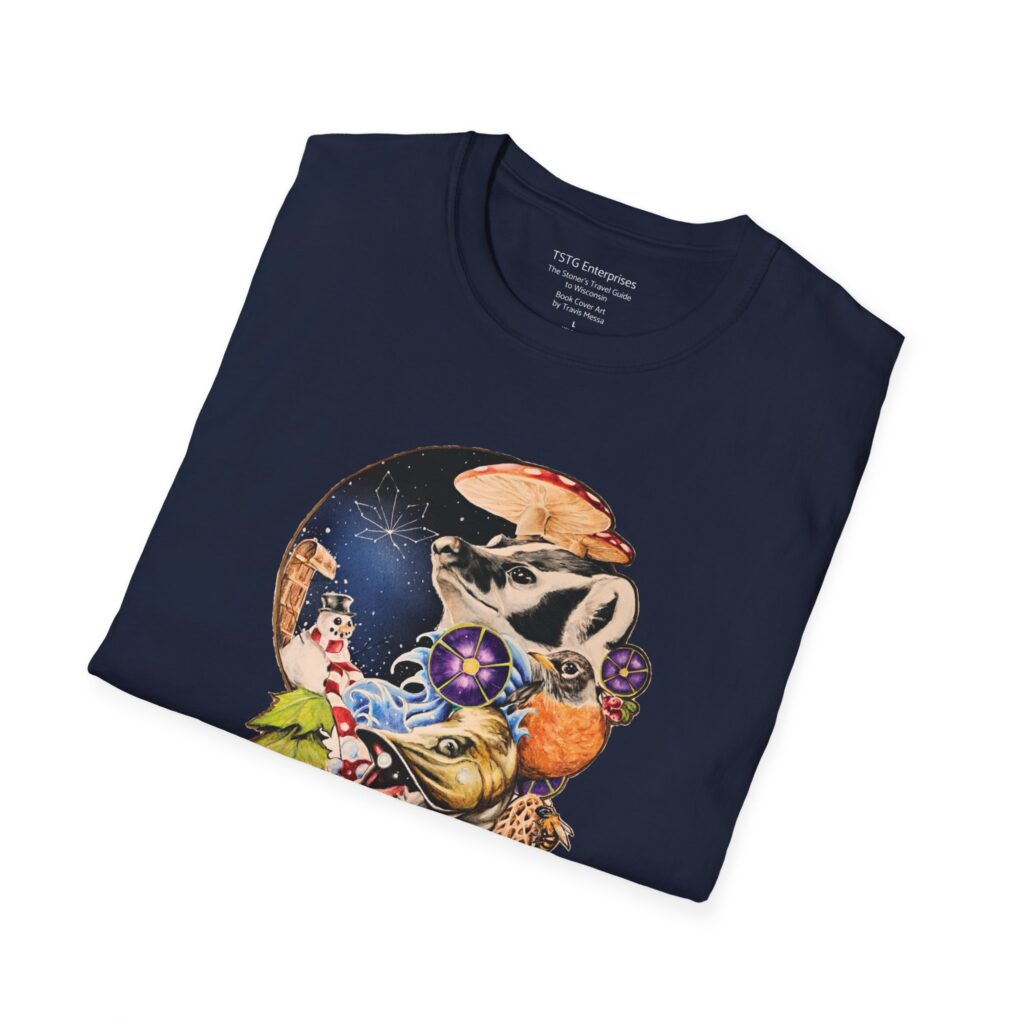 wisconsin road trip tee, the stoner's travel guide graphic t shirt art by travis messa