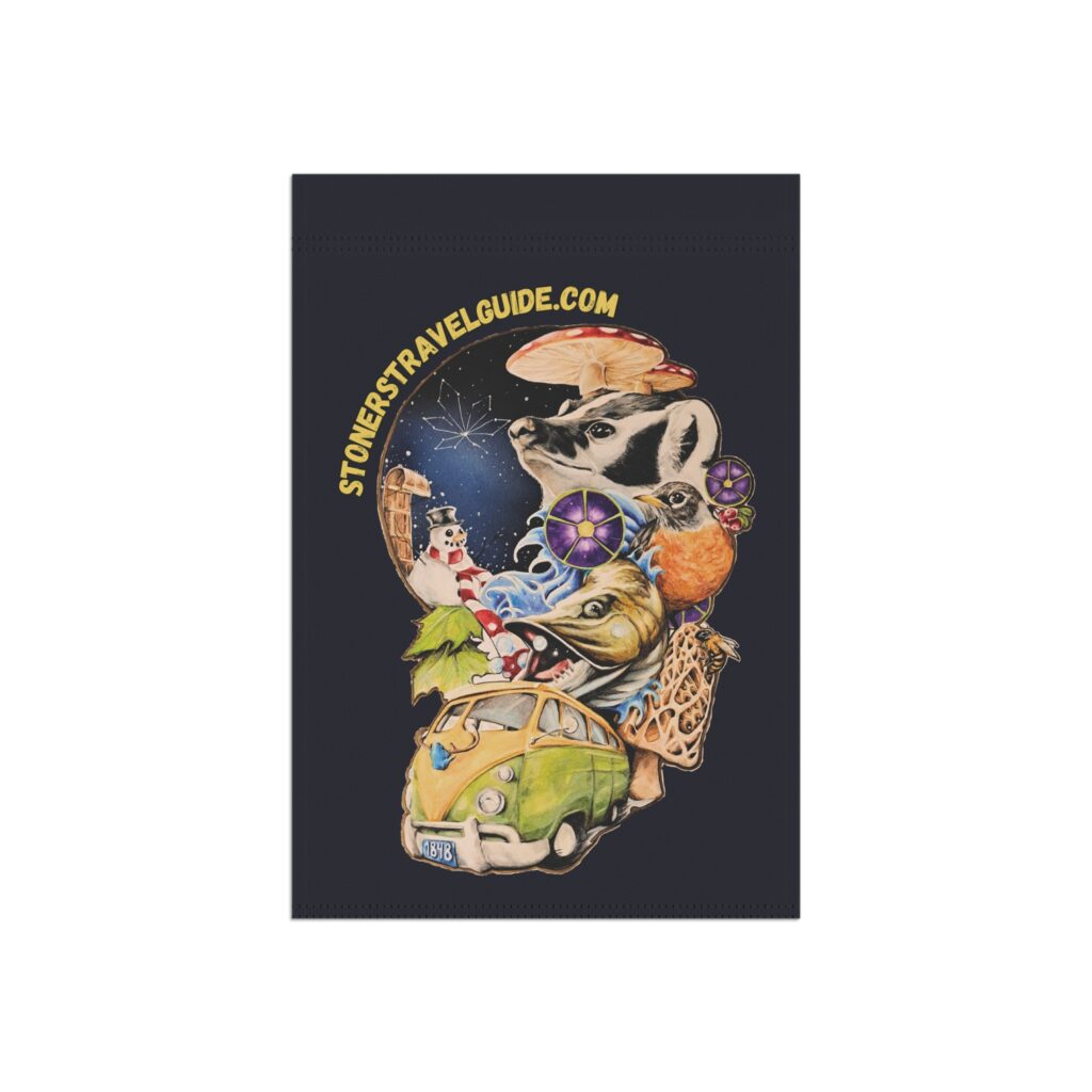 garden flag "the stoner's travel guide to wisconsin" retro road trip design