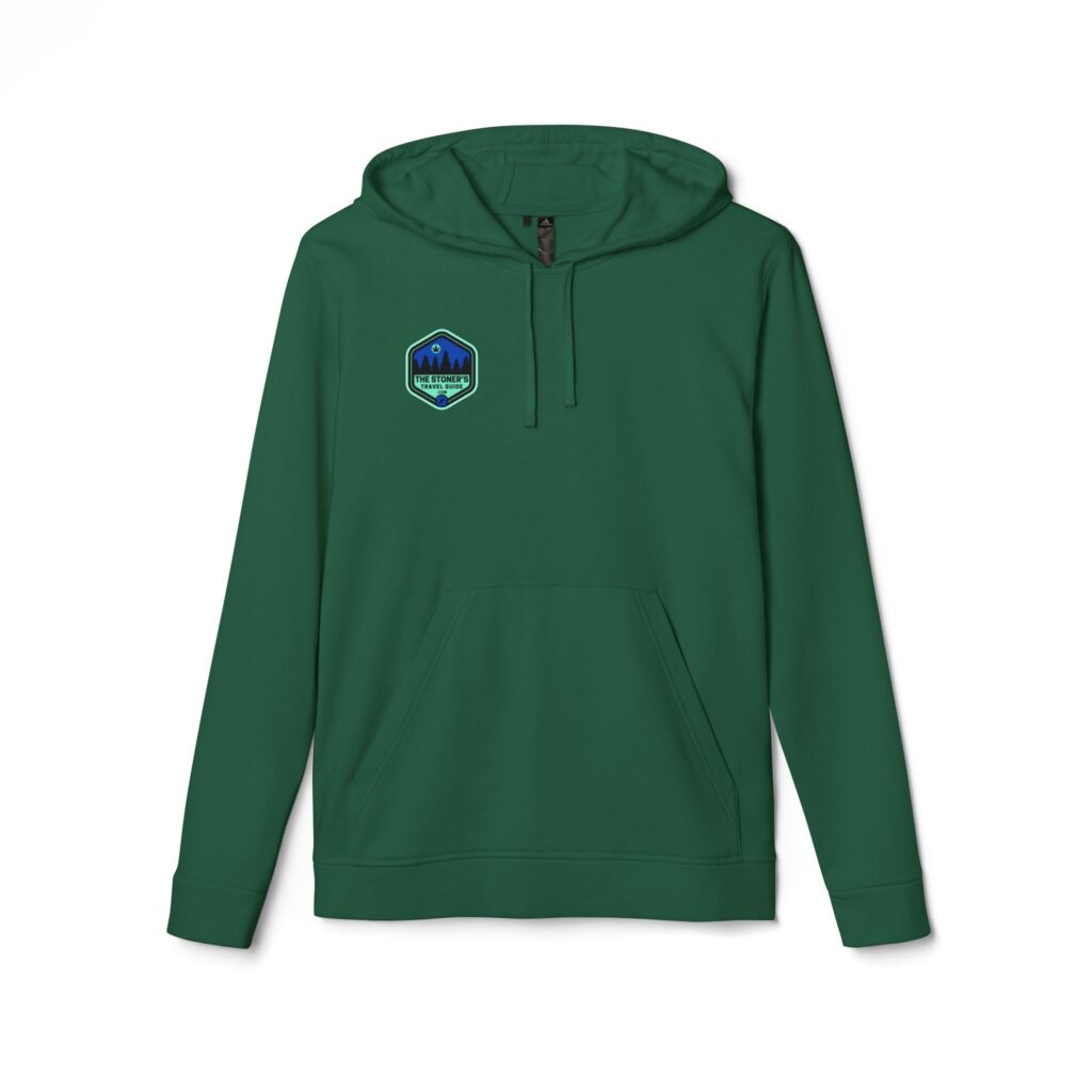 adidas unisex fleece hoodie featuring the stoner's travel guide to wisconsin cover art by travis messa
