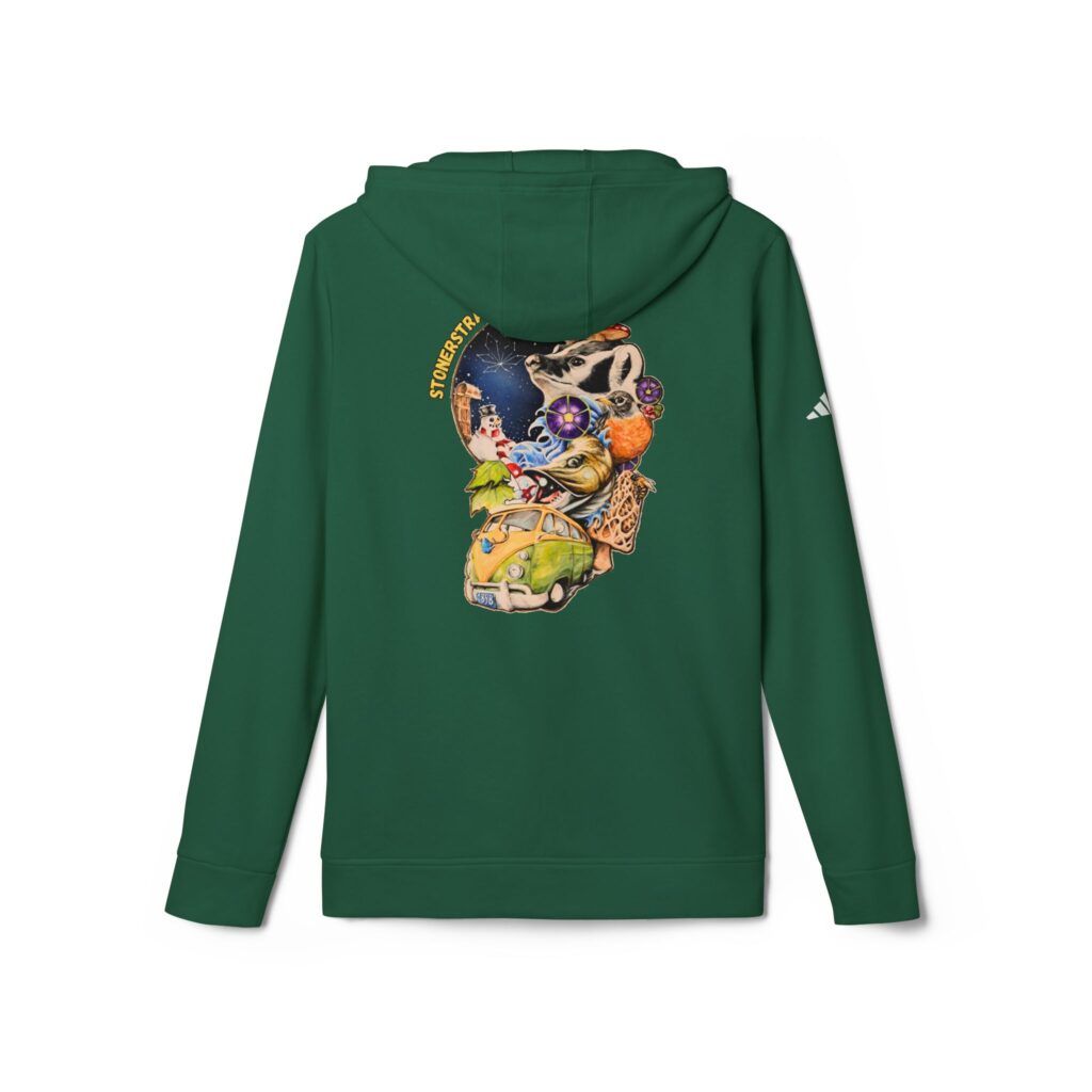 adidas unisex fleece hoodie featuring the stoner's travel guide to wisconsin cover art by travis messa