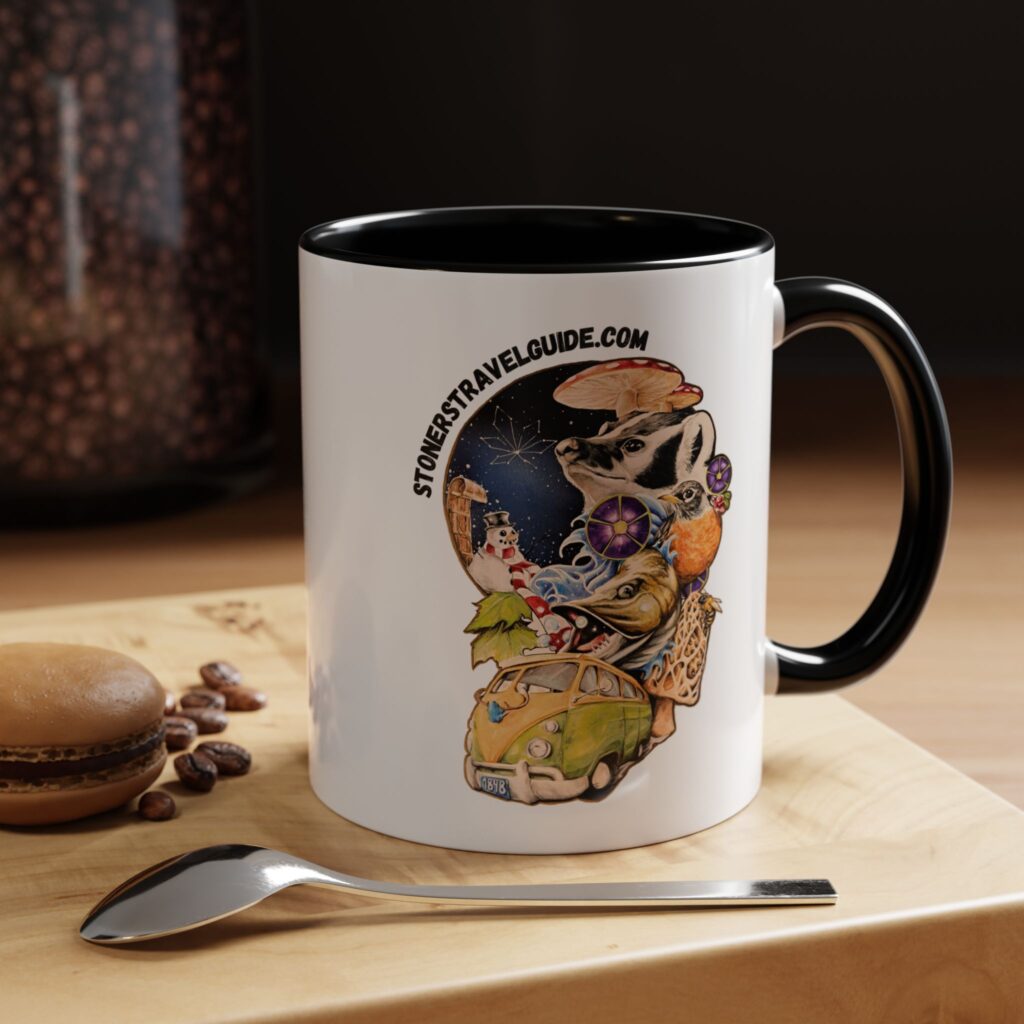 the stoner's travel guide to wisconsin accent coffee mug (11, 15oz)