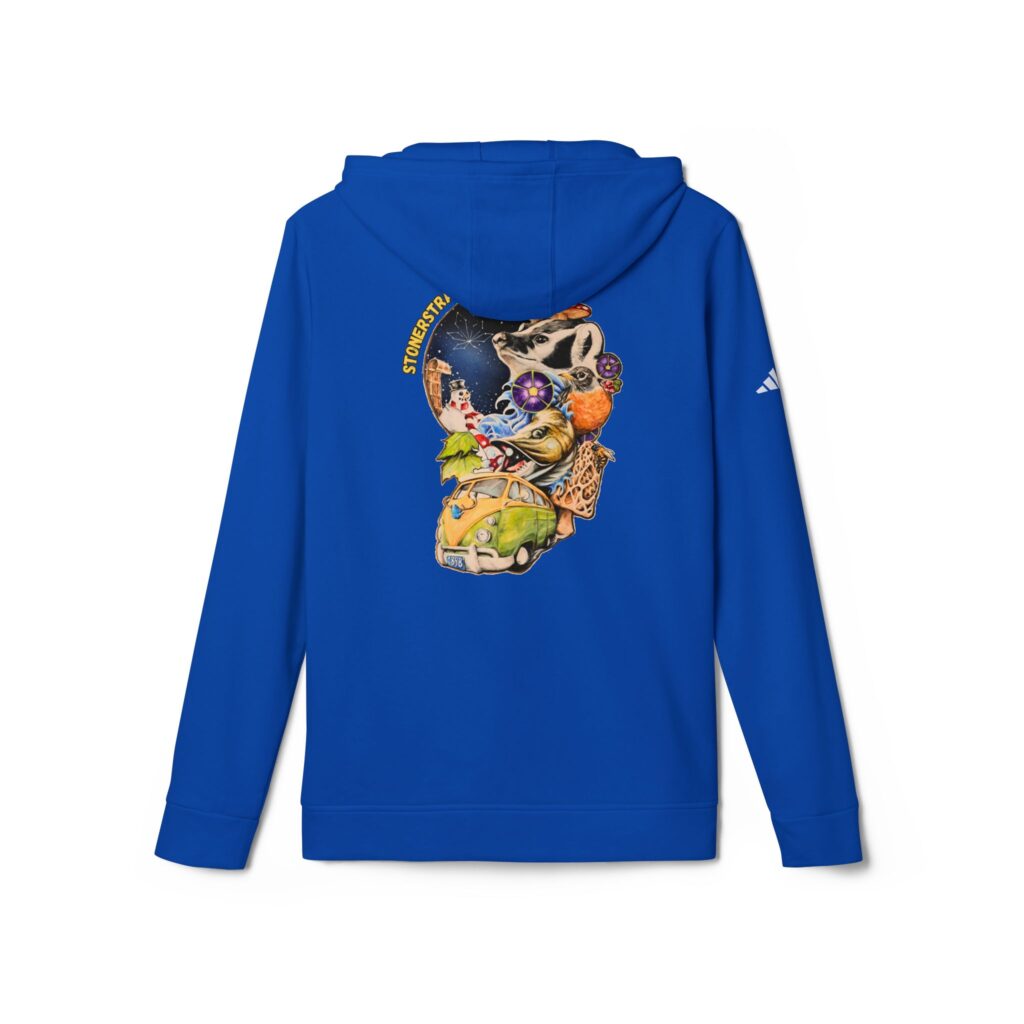 adidas unisex fleece hoodie featuring the stoner's travel guide to wisconsin cover art by travis messa