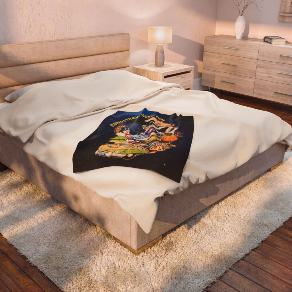 the stoner's travel guide to wisconsin cover art plush blanket — whimsical cosmic collage velveteen throw