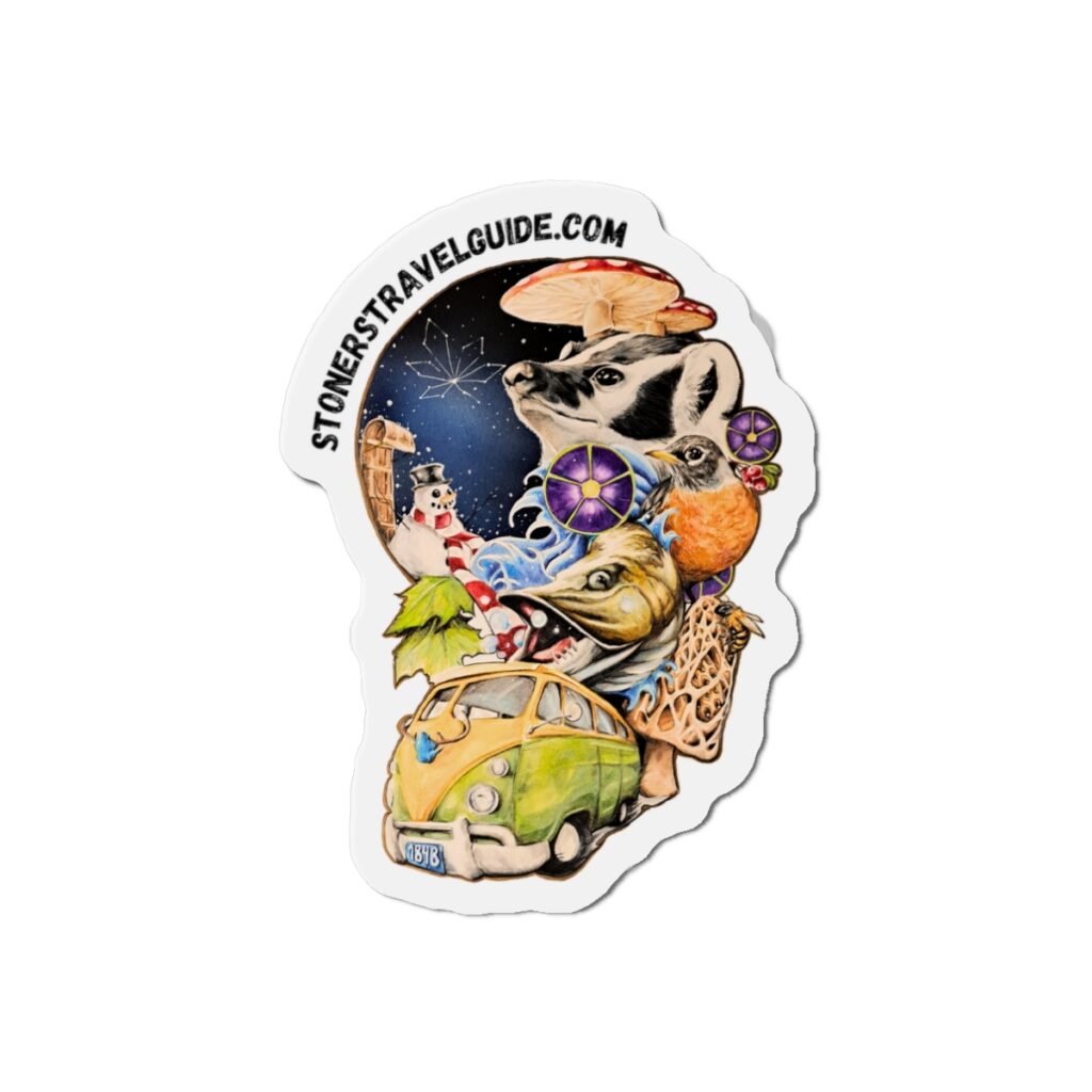 wisconsin road trip die cut magnet — vw camper, animals & psychedelic collage