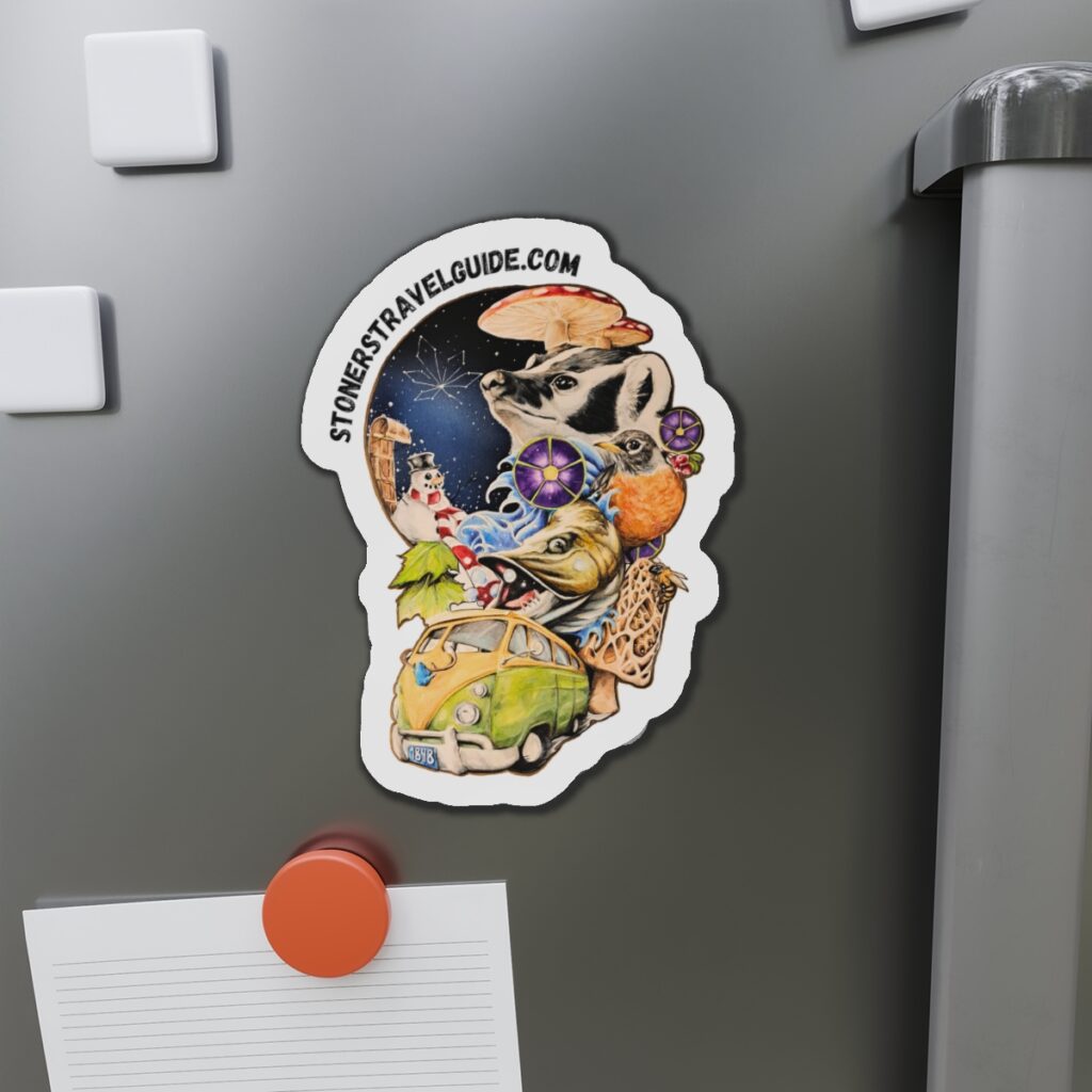 wisconsin road trip die cut magnet — vw camper, animals & psychedelic collage