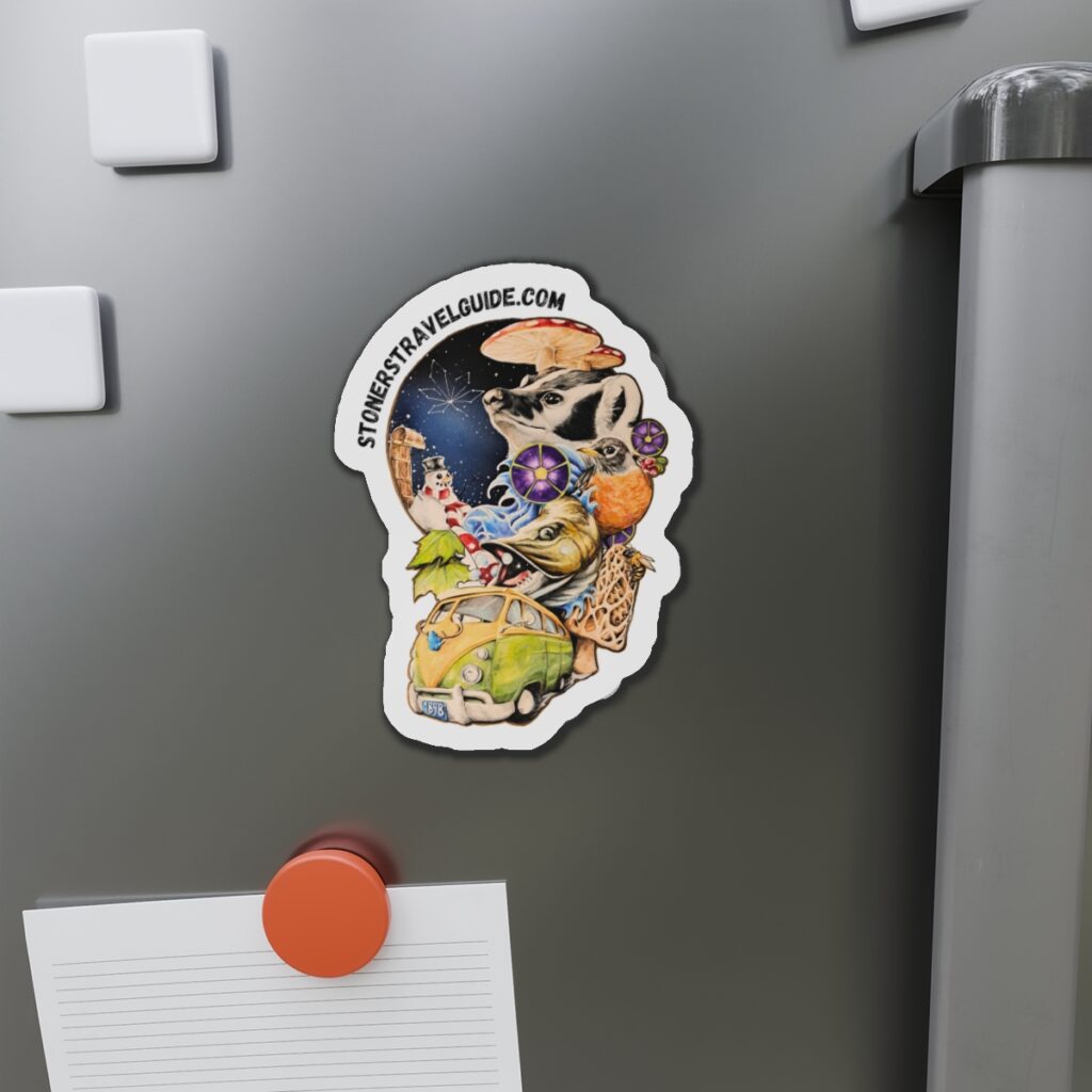 wisconsin road trip die cut magnet — vw camper, animals & psychedelic collage