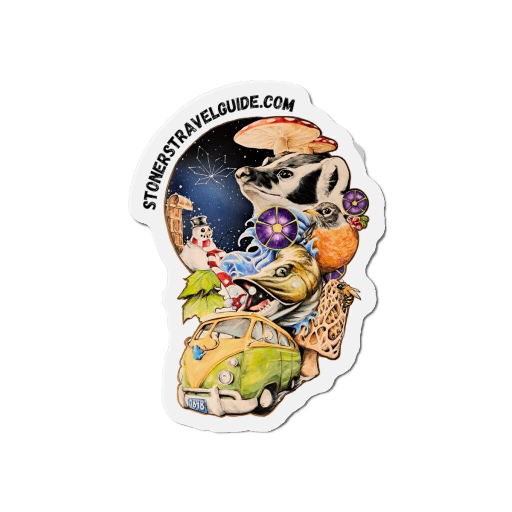 wisconsin road trip die cut magnet — vw camper, animals & psychedelic collage