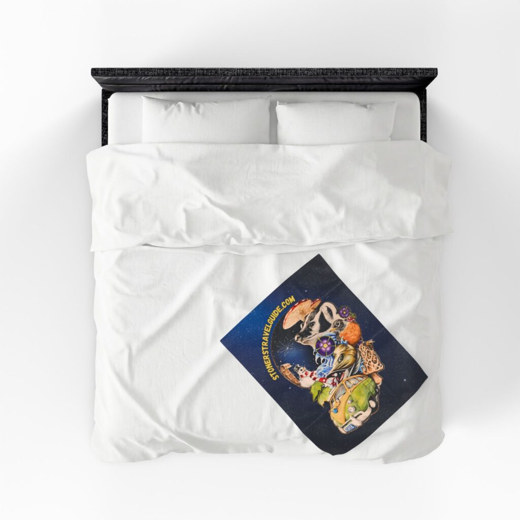 the stoner's travel guide to wisconsin cover art plush blanket — whimsical cosmic collage velveteen throw