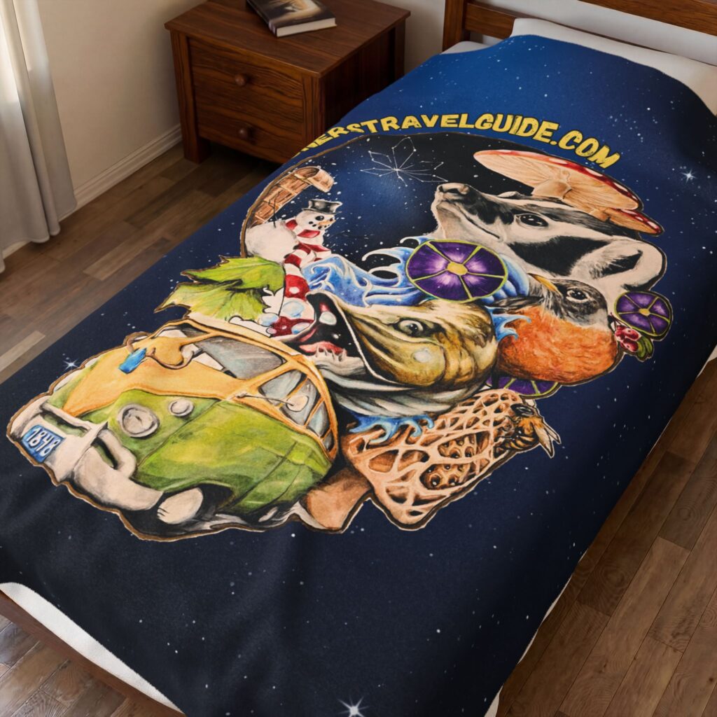 the stoner's travel guide to wisconsin cover art plush blanket — whimsical cosmic collage velveteen throw