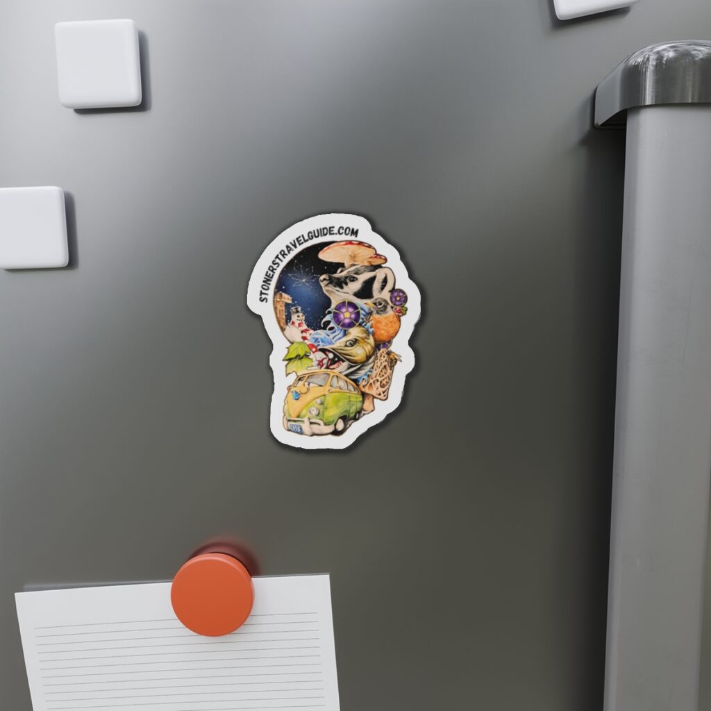 wisconsin road trip die cut magnet — vw camper, animals & psychedelic collage
