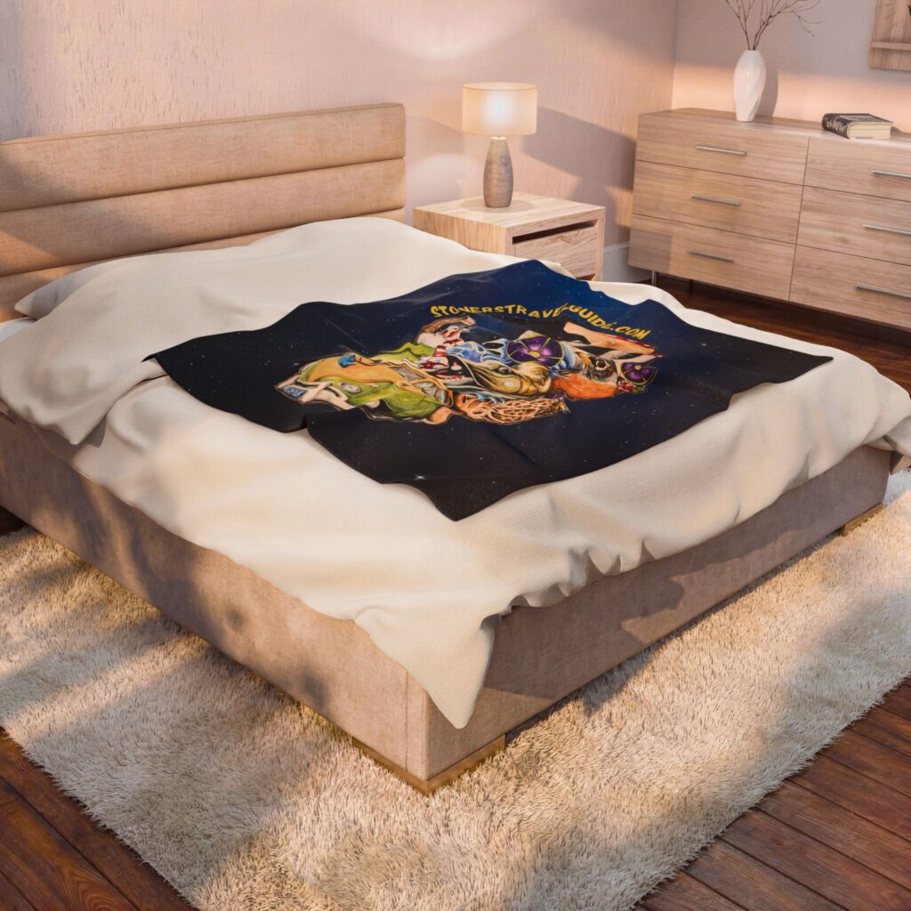 the stoner's travel guide to wisconsin cover art plush blanket — whimsical cosmic collage velveteen throw