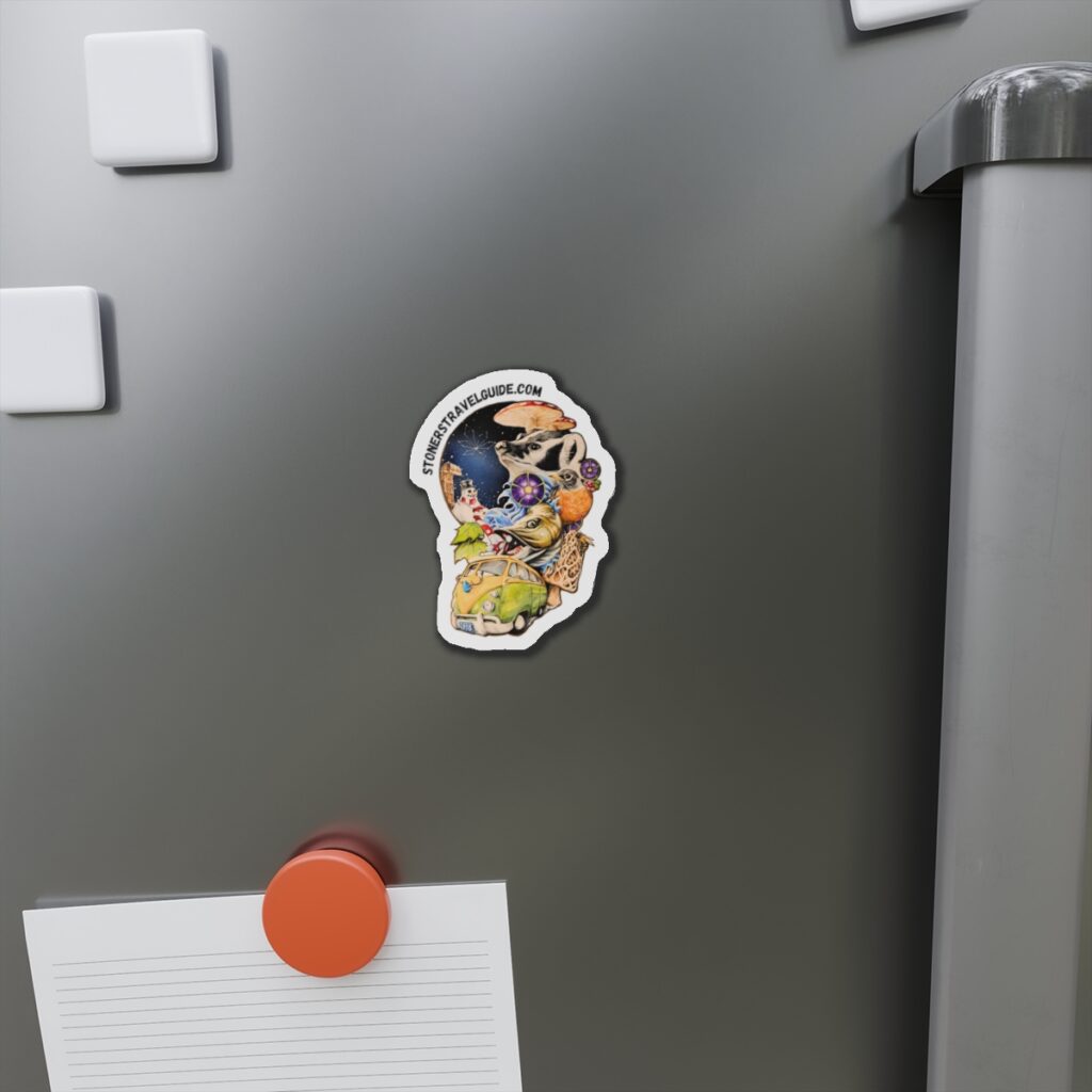 wisconsin road trip die cut magnet — vw camper, animals & psychedelic collage