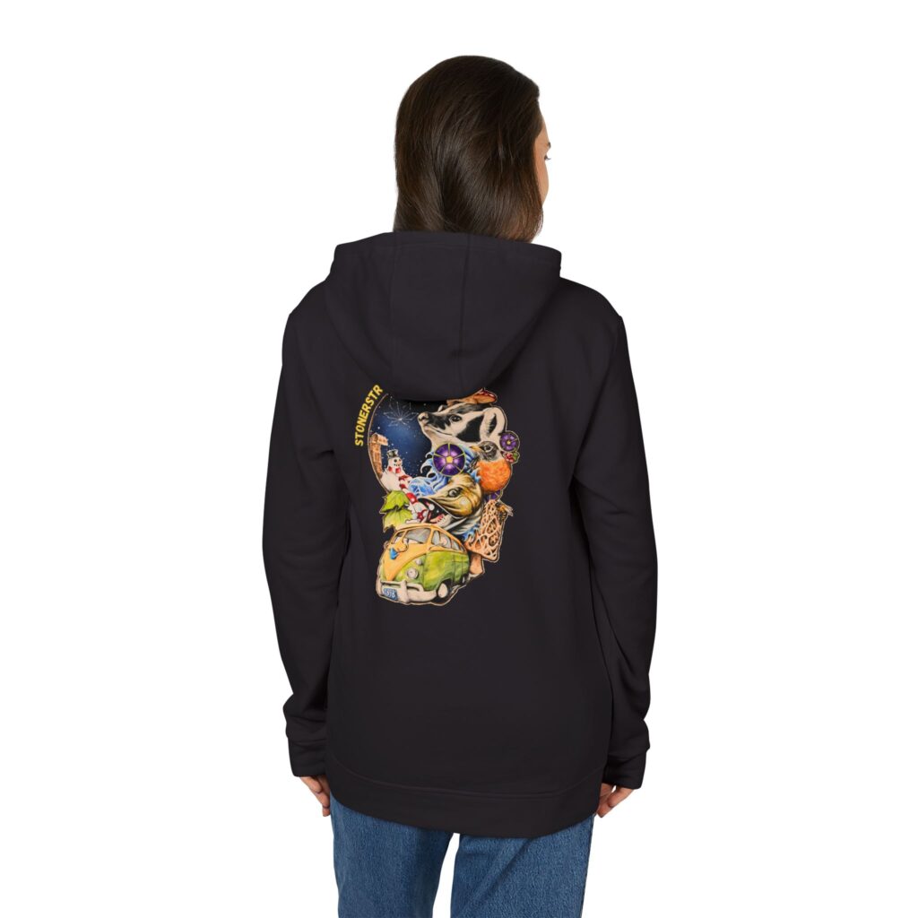 adidas unisex fleece hoodie featuring the stoner's travel guide to wisconsin cover art by travis messa