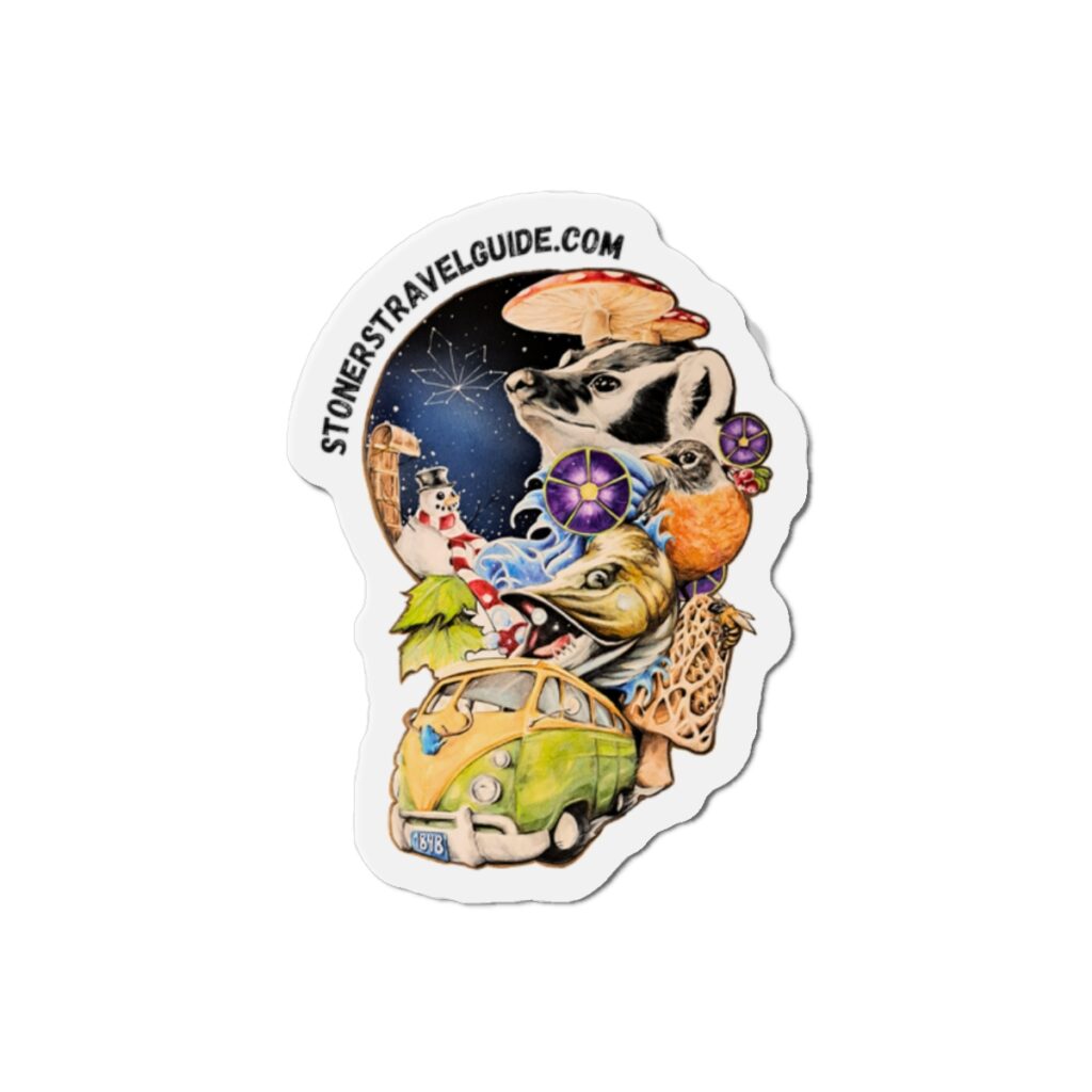wisconsin road trip die cut magnet — vw camper, animals & psychedelic collage