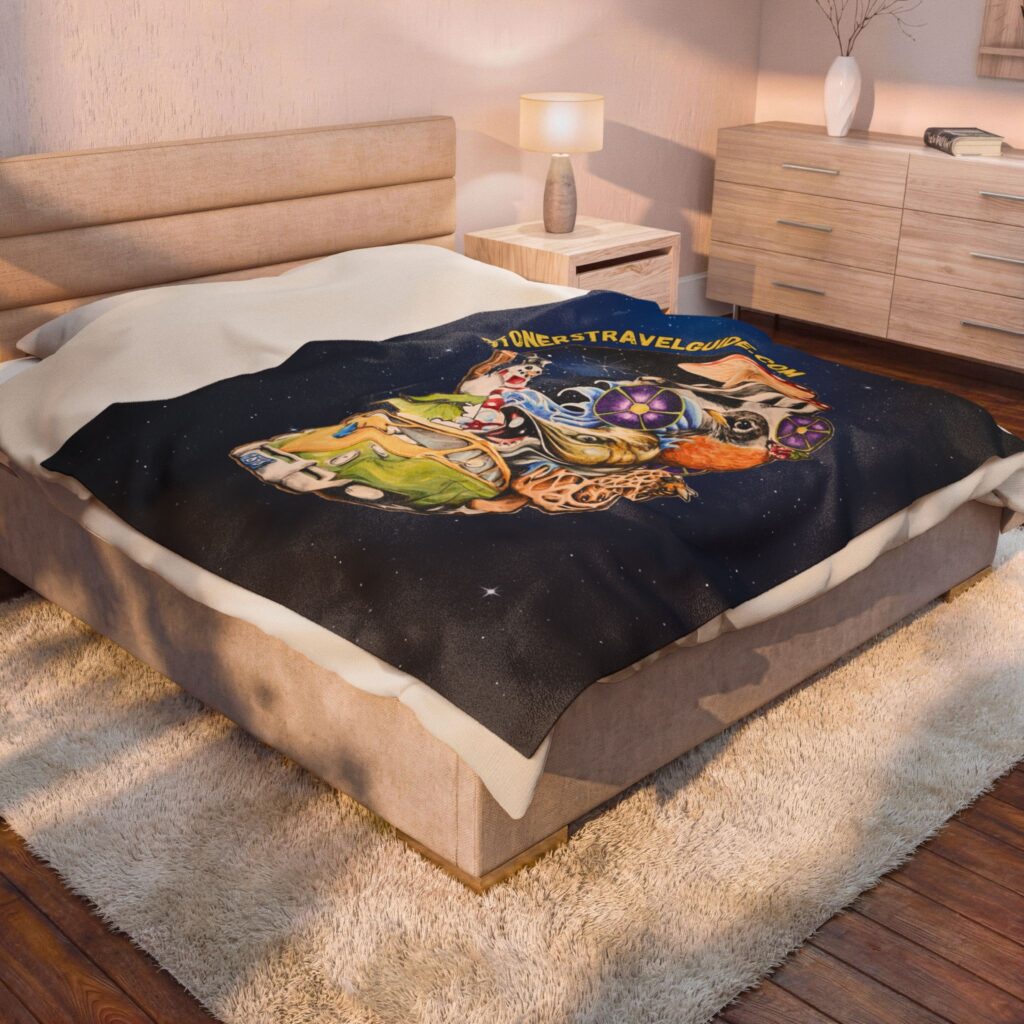 the stoner's travel guide to wisconsin cover art plush blanket — whimsical cosmic collage velveteen throw