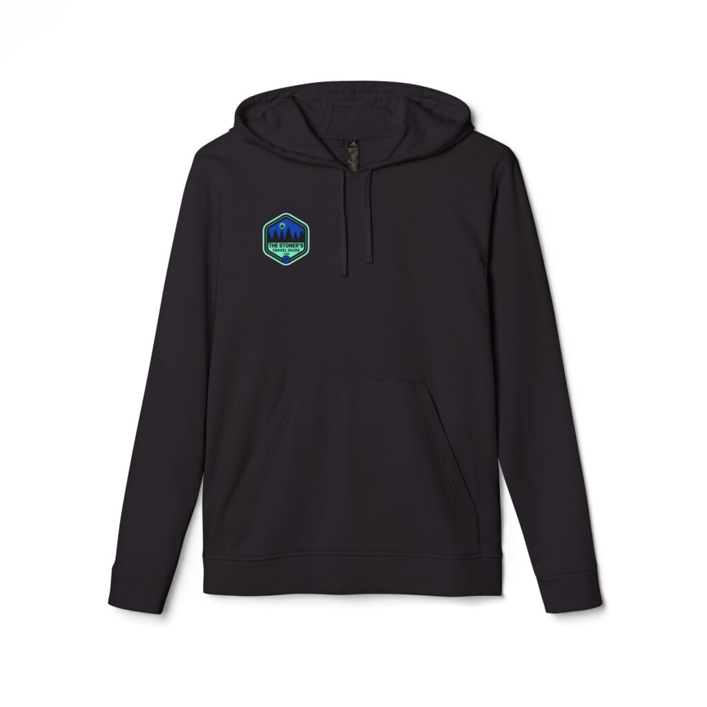 adidas unisex fleece hoodie featuring the stoner's travel guide to wisconsin cover art by travis messa