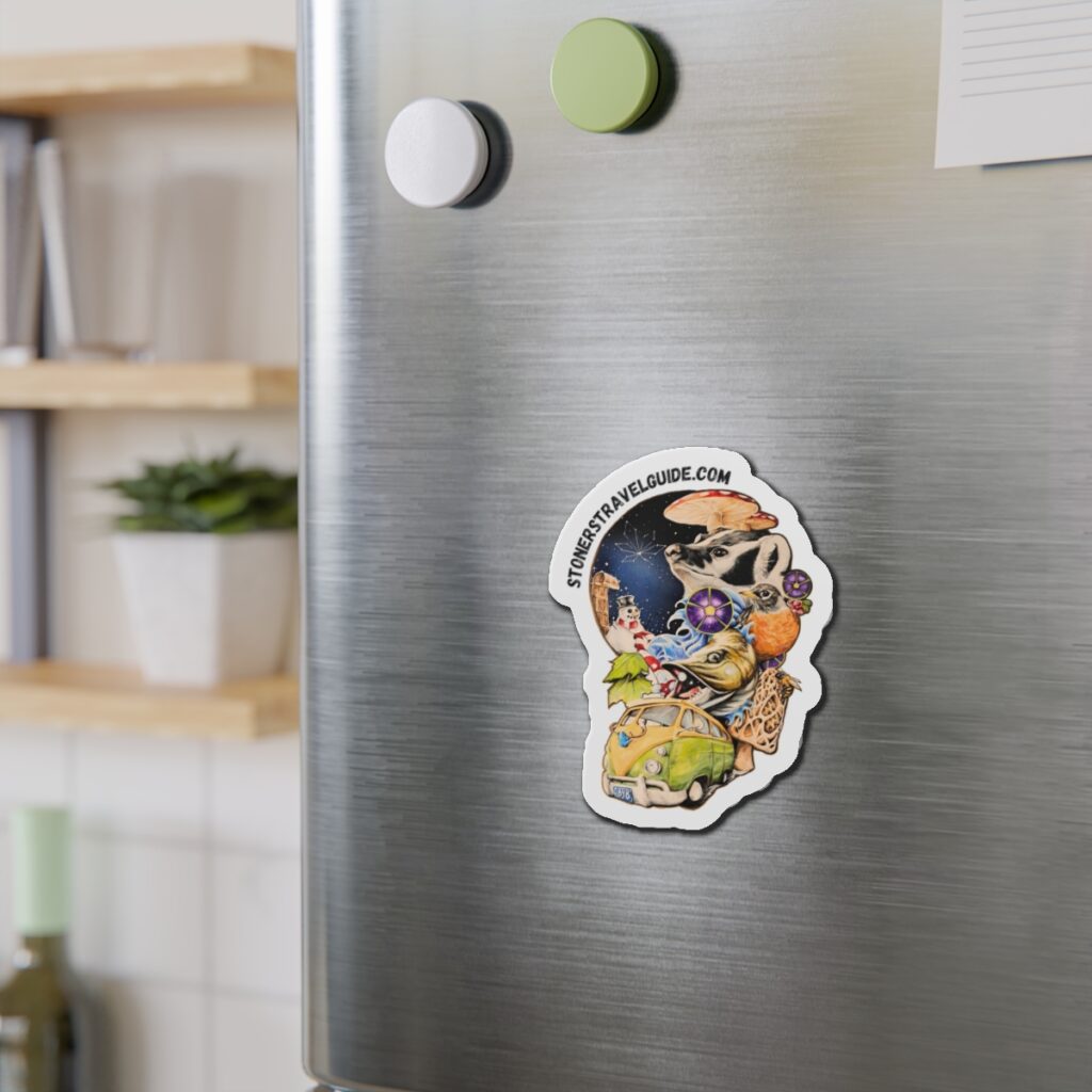 wisconsin road trip die cut magnet — vw camper, animals & psychedelic collage