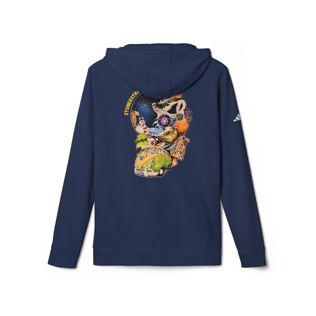 adidas unisex fleece hoodie featuring the stoner's travel guide to wisconsin cover art by travis messa