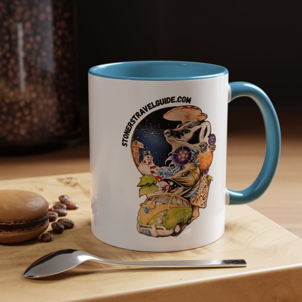 the stoner's travel guide to wisconsin accent coffee mug (11, 15oz)