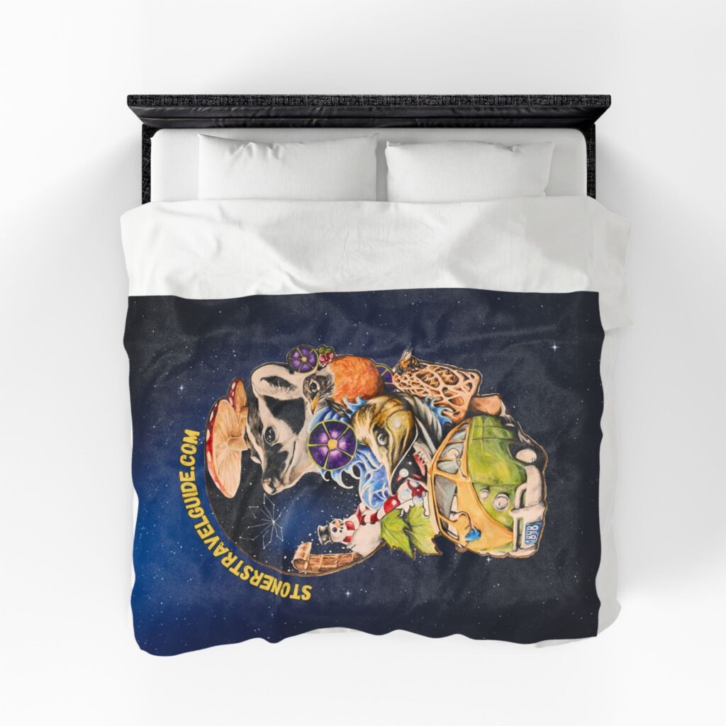 the stoner's travel guide to wisconsin cover art plush blanket — whimsical cosmic collage velveteen throw