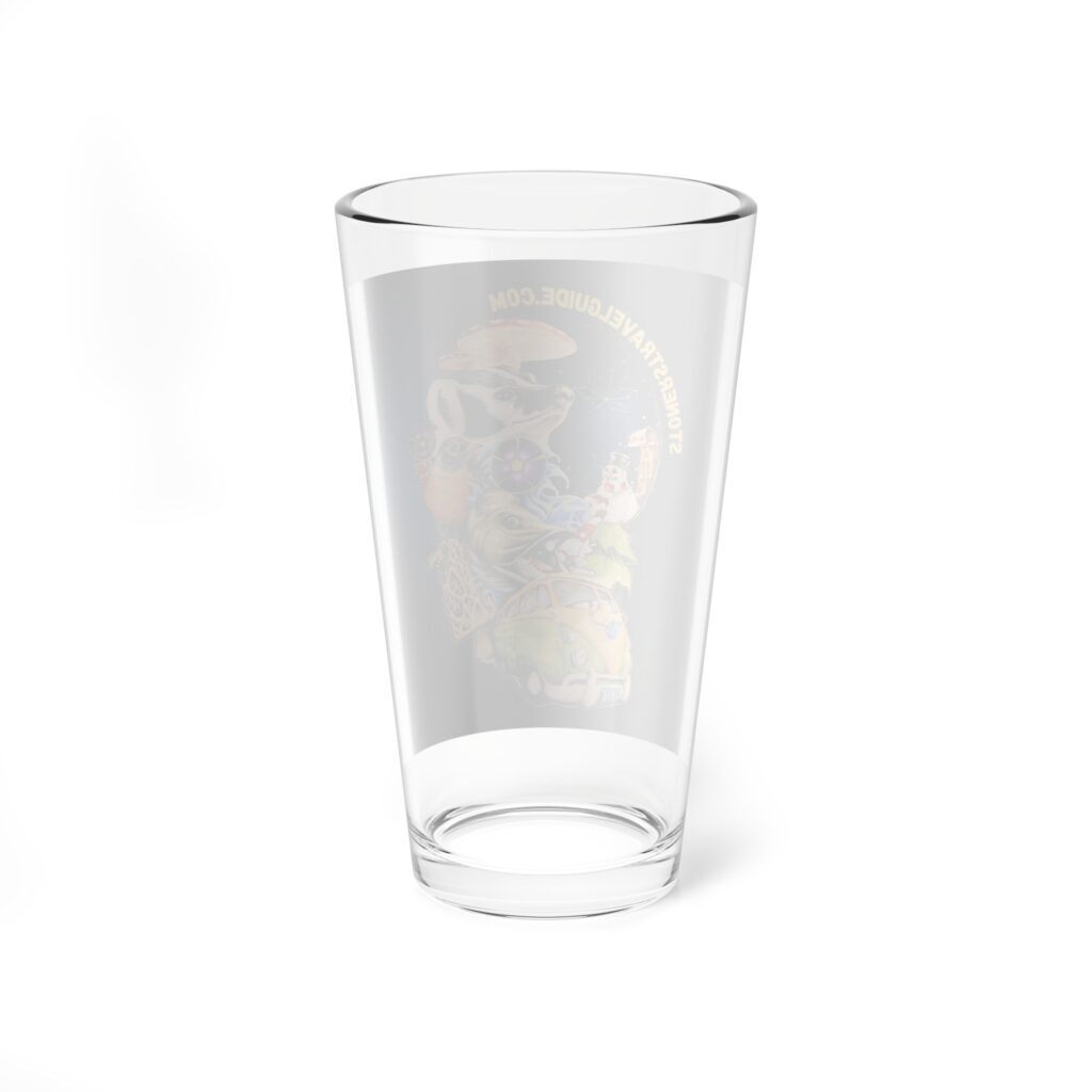 the stoner's travel guide to wisconsin mixing glass, 16oz art by travis messa