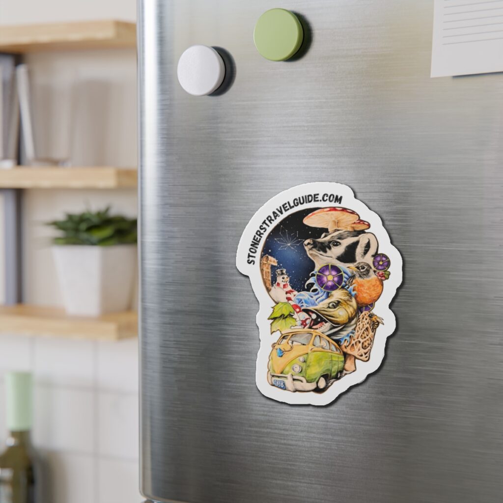 wisconsin road trip die cut magnet — vw camper, animals & psychedelic collage