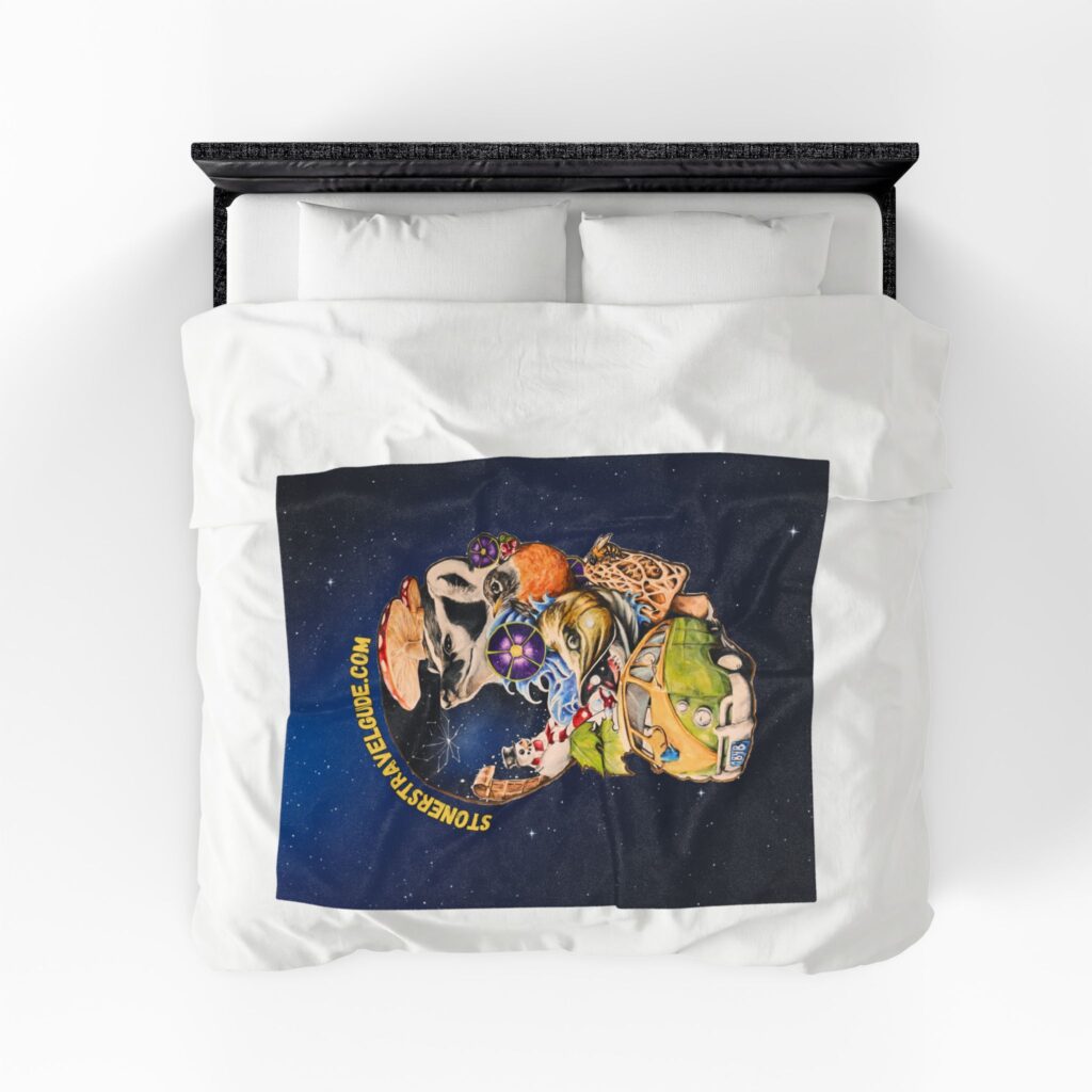 the stoner's travel guide to wisconsin cover art plush blanket — whimsical cosmic collage velveteen throw