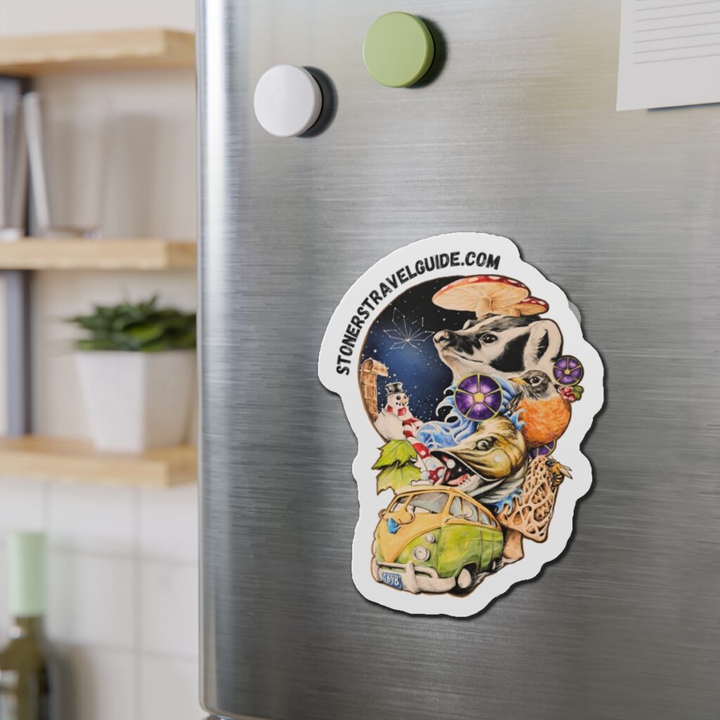 wisconsin road trip die cut magnet — vw camper, animals & psychedelic collage
