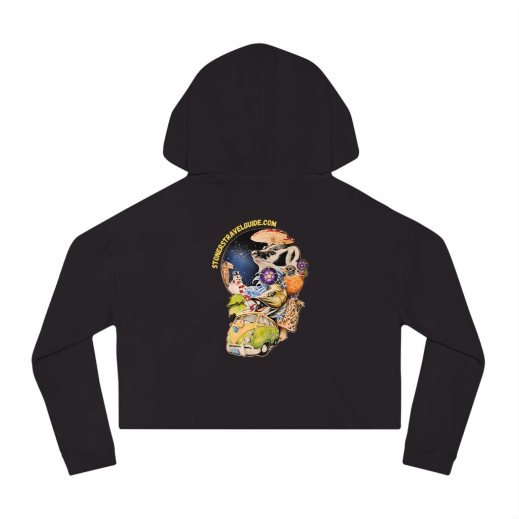 the stoners' travel guide to wisconsin women’s cropped hooded sweatshirt dark colors